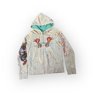 Ed Hardy Y2K Full Zip Hoodie – Dragon & Eagle Tattoo Print – Sherpa Lined